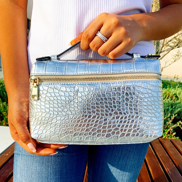 Silver Large Croco Zipped Bag