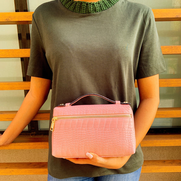 Pink Large Croco Zipped Bag