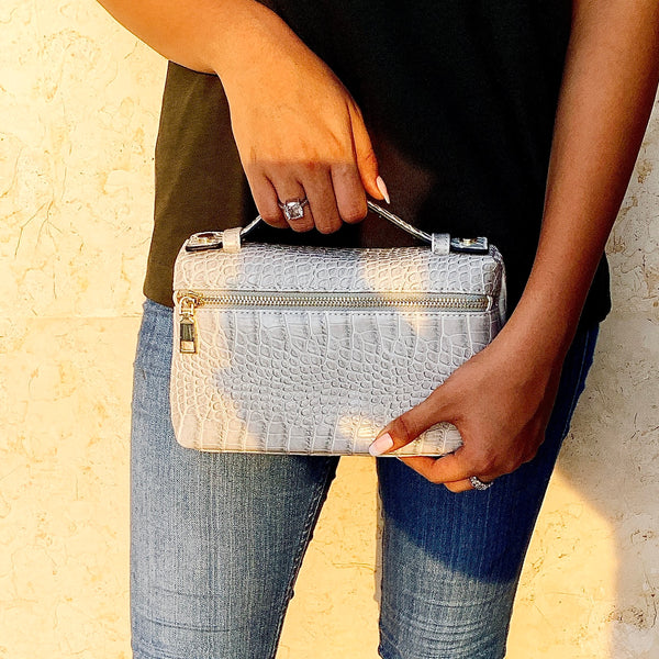 Grey Large Croco Zipped Bag