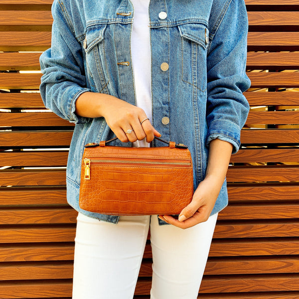 Tan Brown Large Croco Zipped Bag